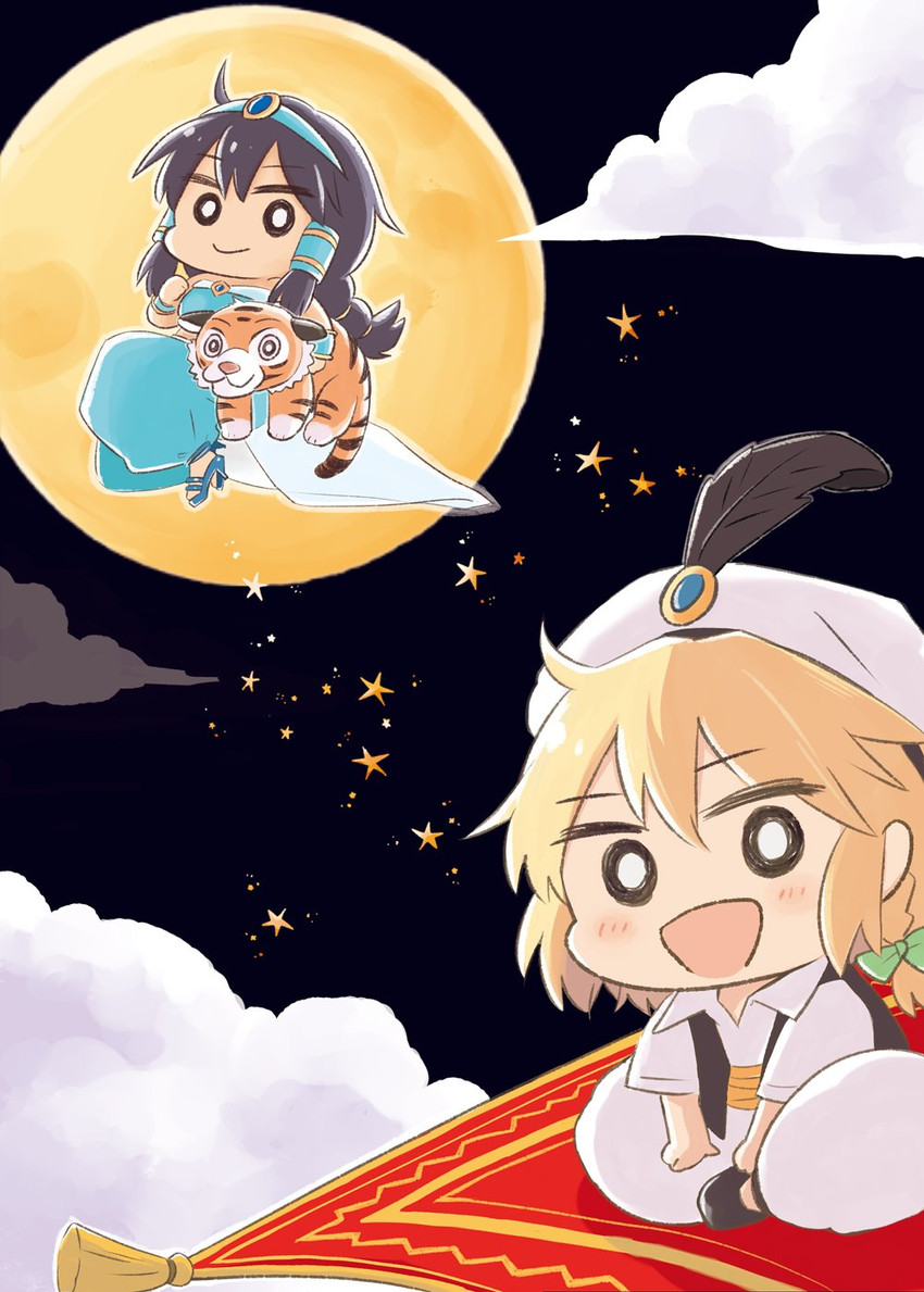 hakurei reimu, kirisame marisa, jasmine, aladdin, and rajah (touhou and 1 more) drawn by cyu_ta