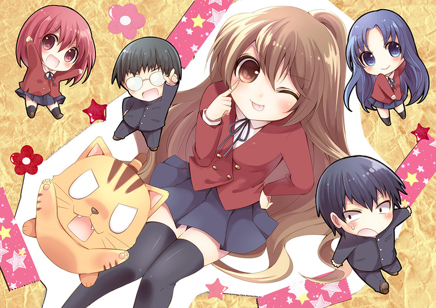 aisaka taiga, kawashima ami, takasu ryuuji, kushieda minori, palmtop tiger, and 1 more (toradora!) drawn by ayuko_(ayuco)