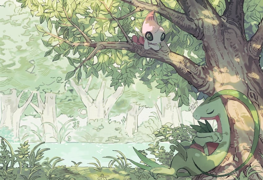 celebi and grovyle (pokemon and 2 more) drawn by aisutabetao
