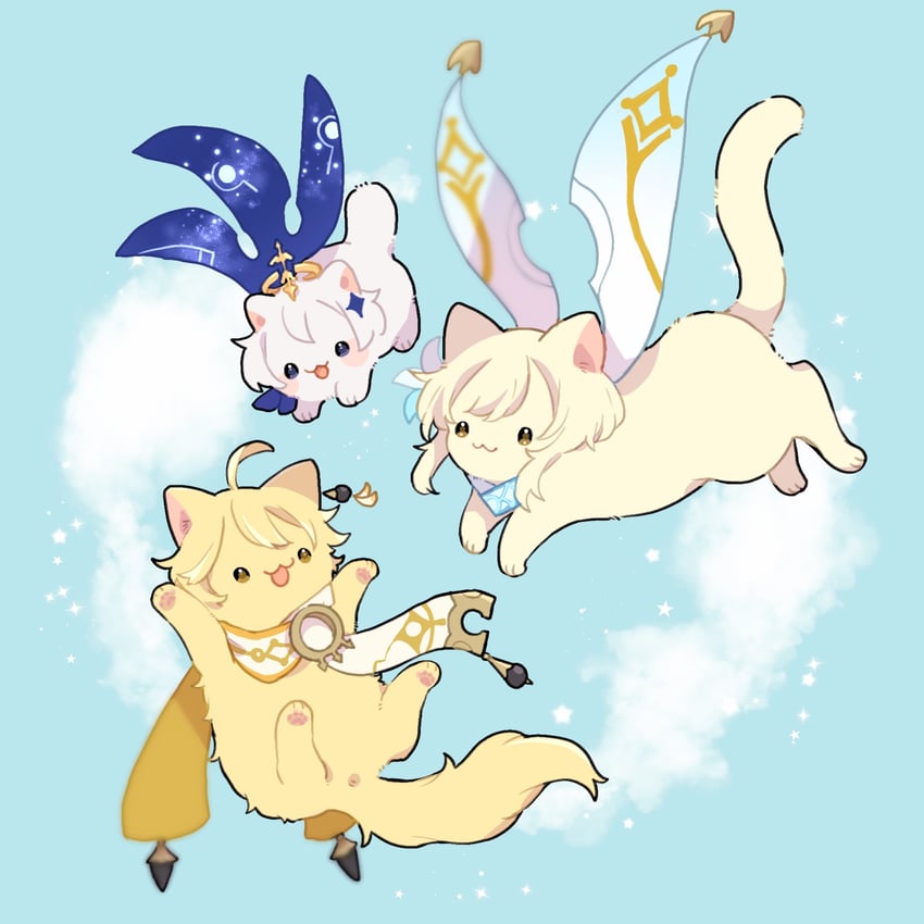 lumine, aether, and paimon (genshin impact) drawn by nasuka_gee