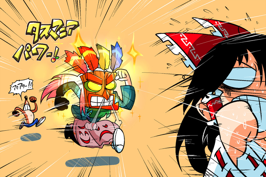 hakurei reimu, hata no kokoro, crash bandicoot, and aku aku (touhou and 1 more) drawn by rariatto_(ganguri)