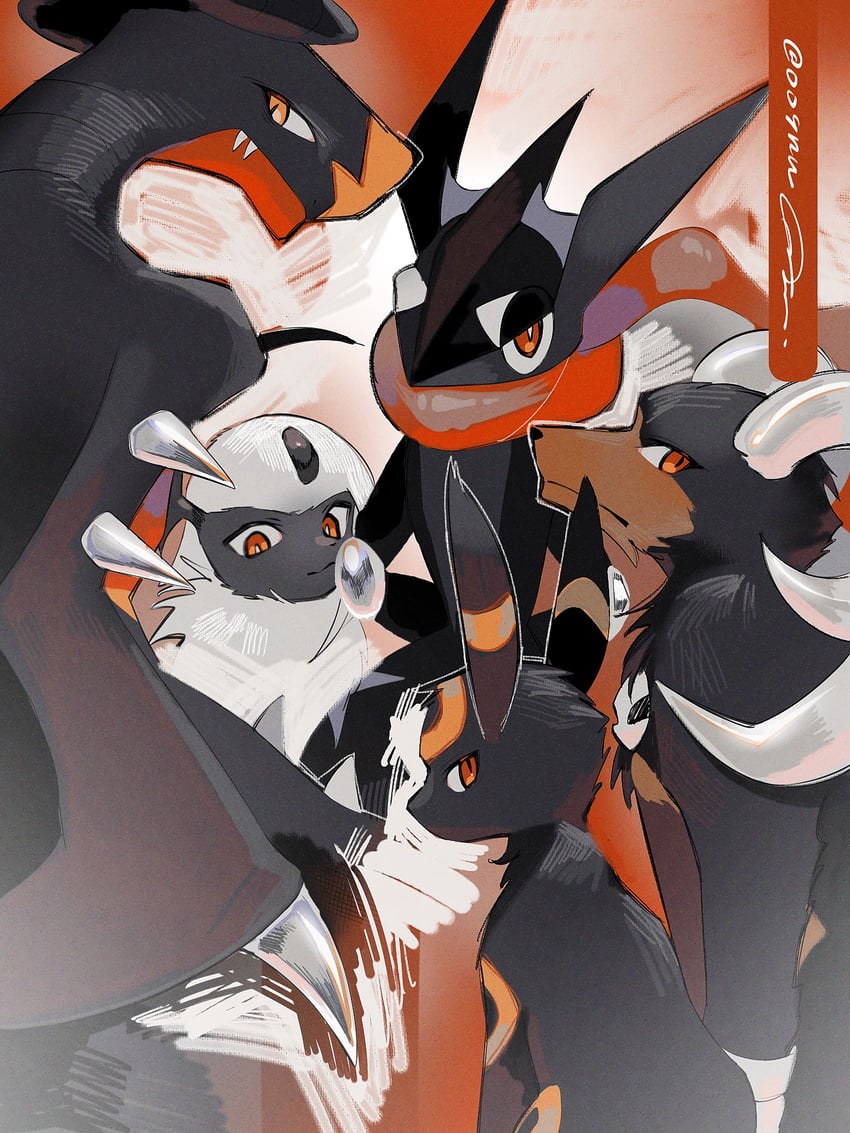 umbreon, garchomp, absol, greninja, and houndoom (pokemon) drawn by kashiwa_gnu
