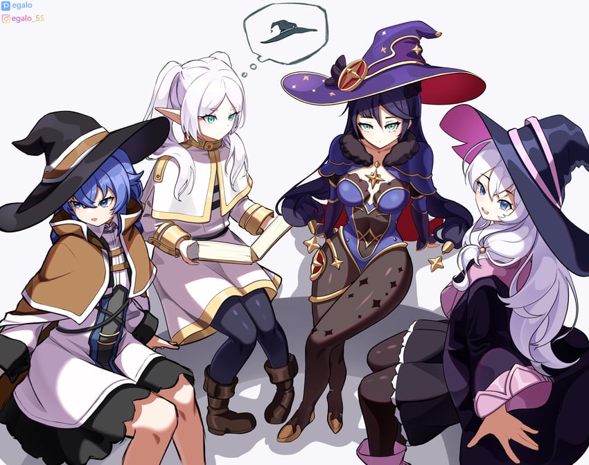 frieren, mona, roxy migurdia, and elaina (genshin impact and 3 more) drawn by egalo