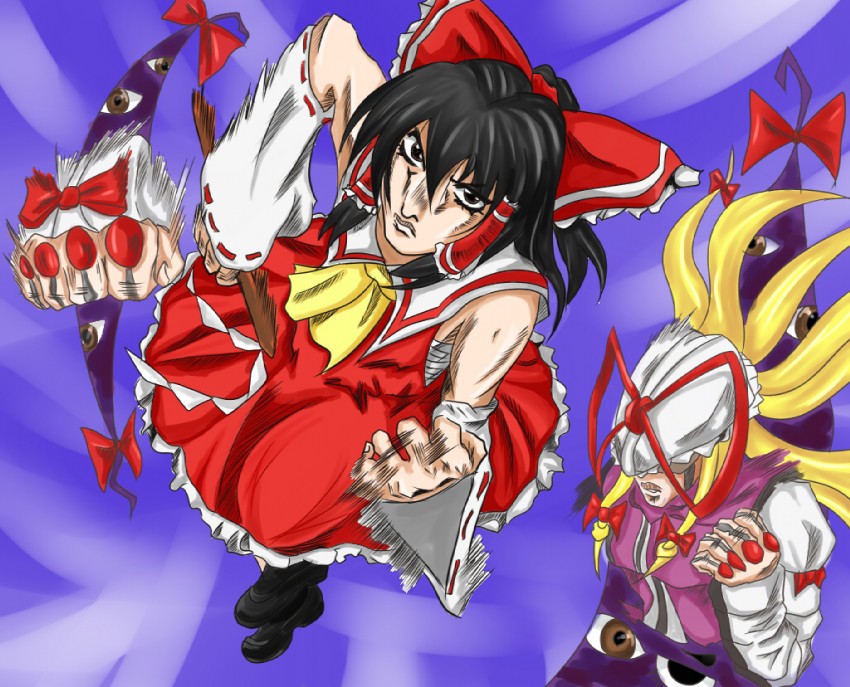 hakurei reimu, yakumo yukari, bruno bucciarati, and sticky fingers (touhou and 1 more) drawn by senken_kiyohiko