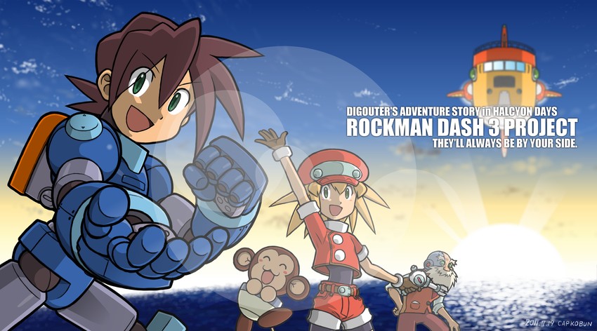 roll caskett, mega man volnutt, and data (mega man and 1 more) drawn by capkobun