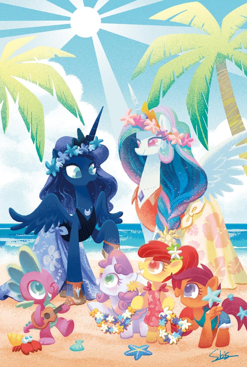 princess luna, princess celestia, spike, apple bloom, sweetie belle, and 1 more (my little pony and 1 more) drawn by brass_stars