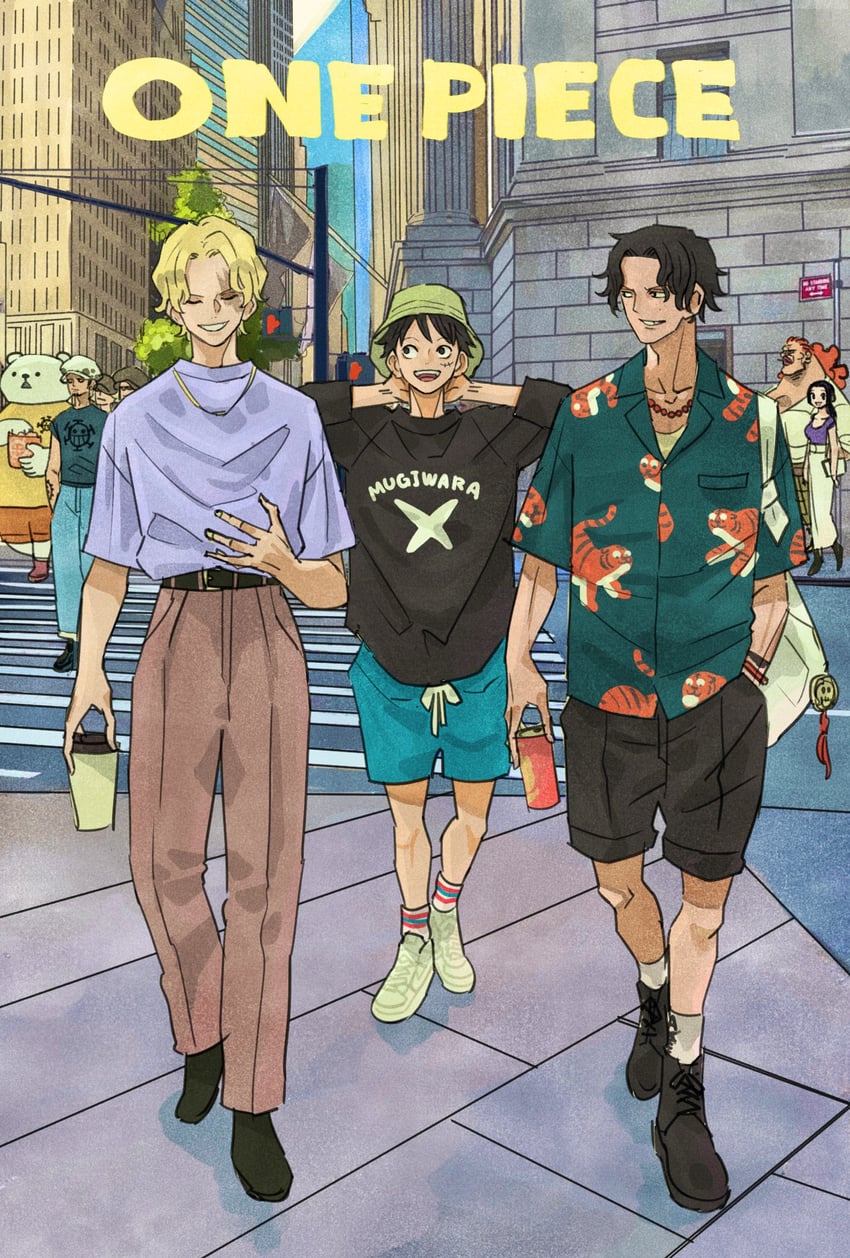 monkey d. luffy, trafalgar law, portgas d. ace, sabo, bepo, and 4 more (one piece) drawn by takeuchi_ryousuke