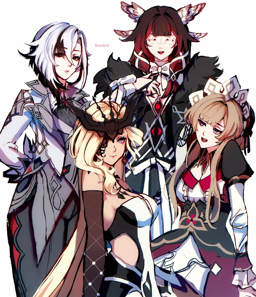 arlecchino, columbina, signora, and sandrone (genshin impact) drawn by suviuni