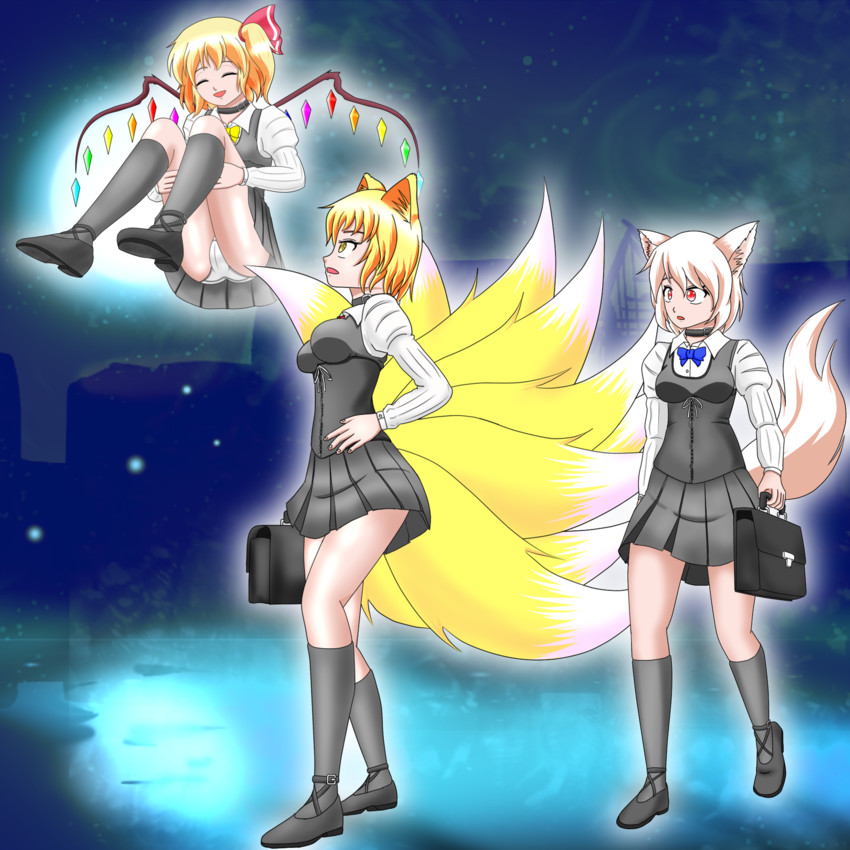flandre scarlet, inubashiri momiji, and yakumo ran (touhou) drawn by shigotohri