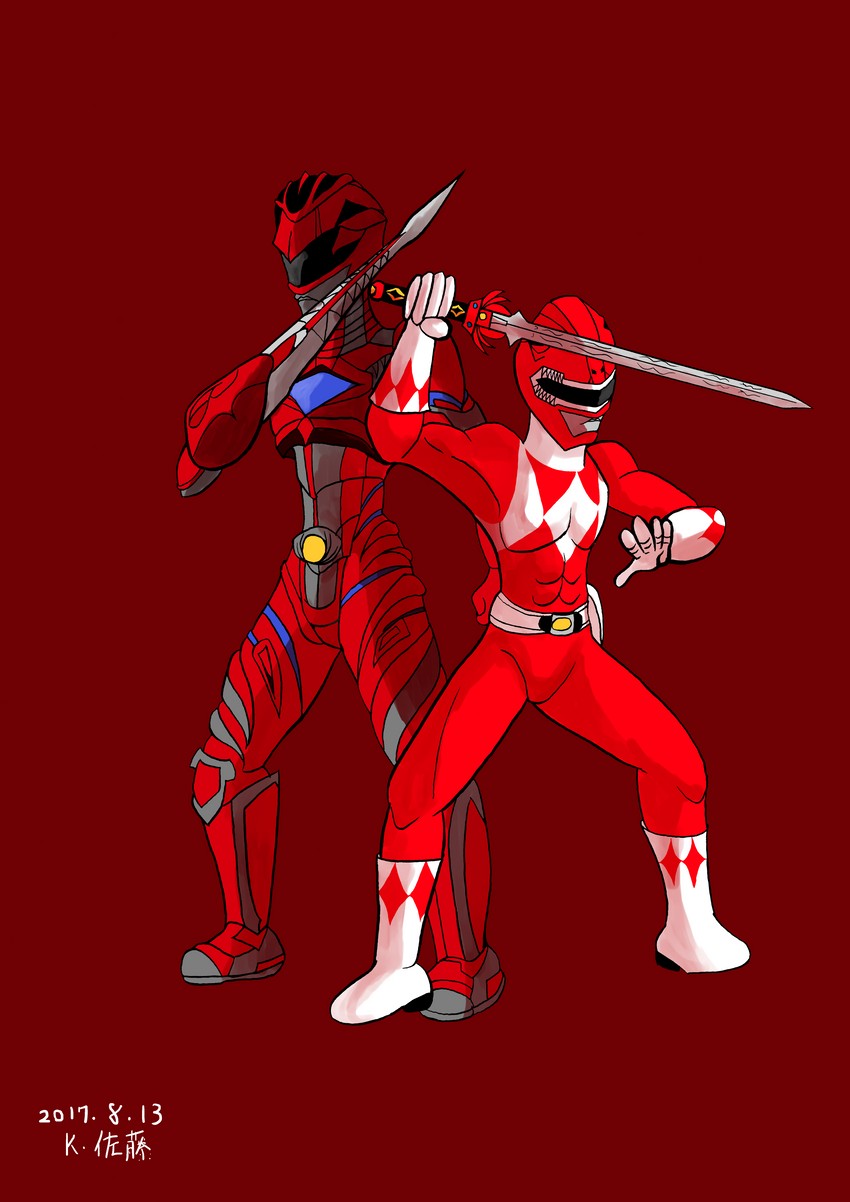 tyranno ranger, mighty morphin red ranger, and red ranger (super sentai and 3 more) drawn by kyouken_katou