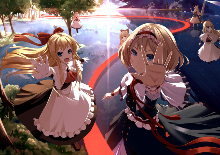 kirisame marisa, alice margatroid, patchouli knowledge, and shanghai doll (touhou) drawn by clere
