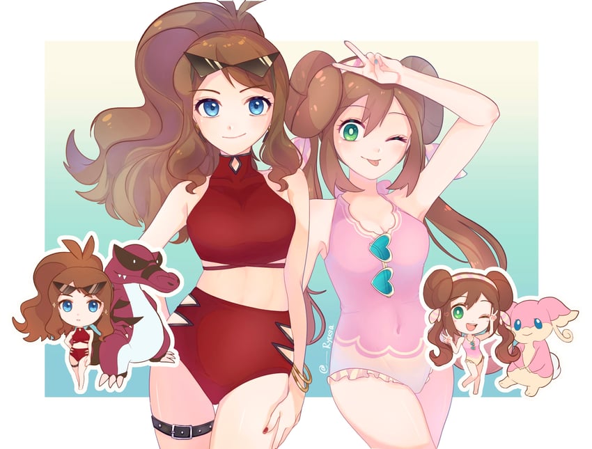rosa, hilda, audino, and krookodile (pokemon and 2 more) drawn by ryusa_(gjgd7445)