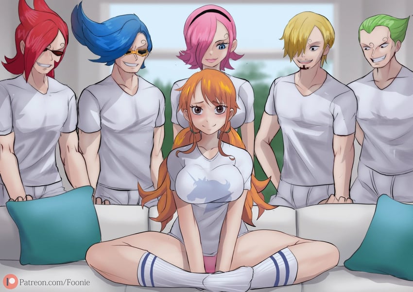 nami, sanji, vinsmoke reiju, vinsmoke yonji, vinsmoke ichiji, and 1 more (one piece) drawn by funi_xd