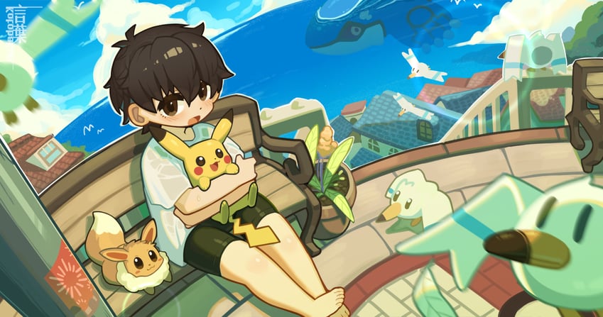 pikachu, eevee, wingull, and kyogre (pokemon) drawn by kotoba_(1074421015)