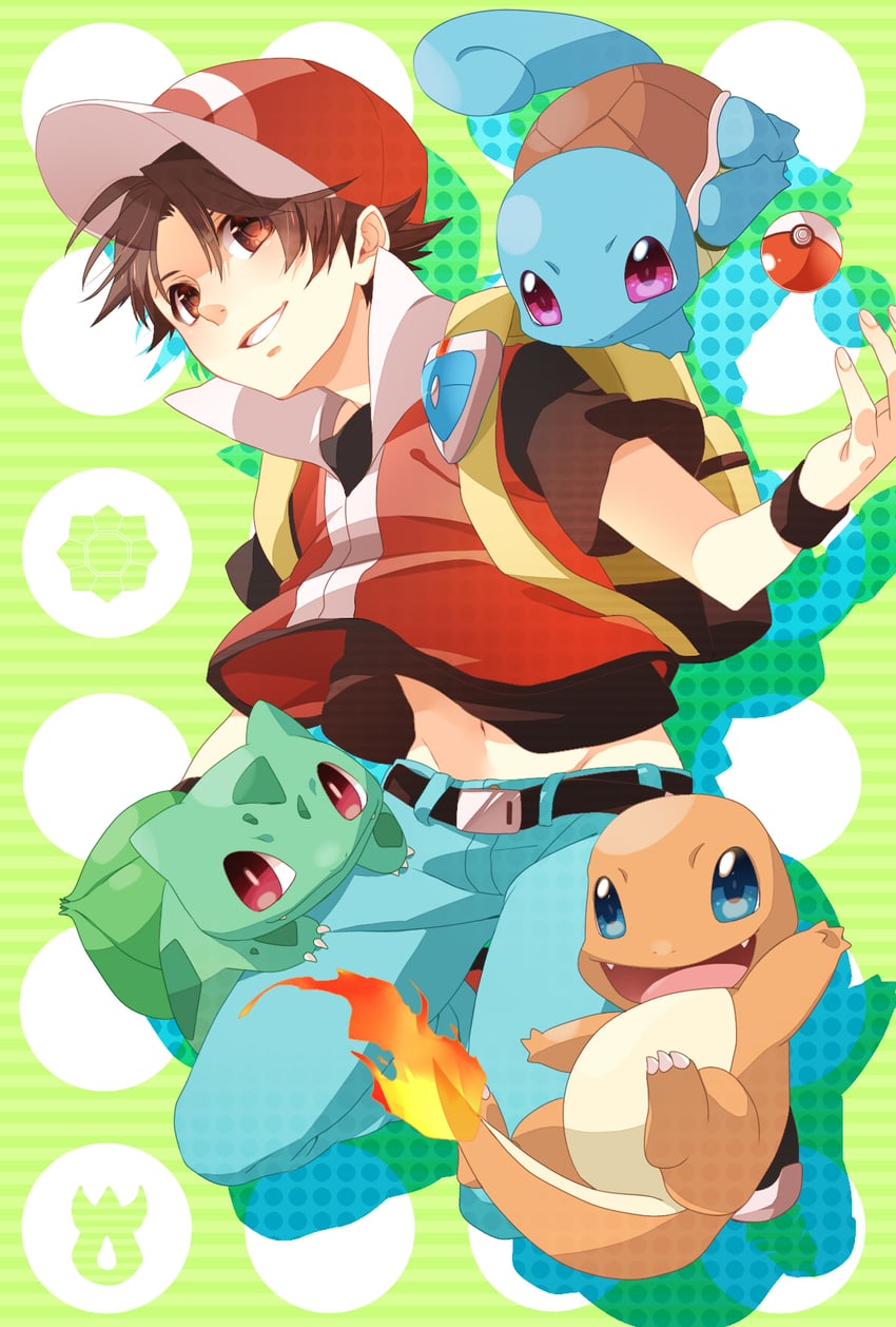 red, bulbasaur, squirtle, and charmander (pokemon and 1 more) drawn by hajime_(starrysky_cat33)
