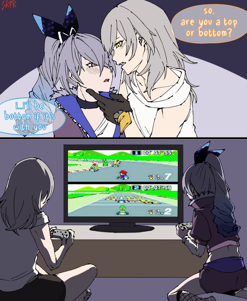 trailblazer, stelle, princess peach, mario, silver wolf, and 4 more (honkai and 4 more) drawn by srfr