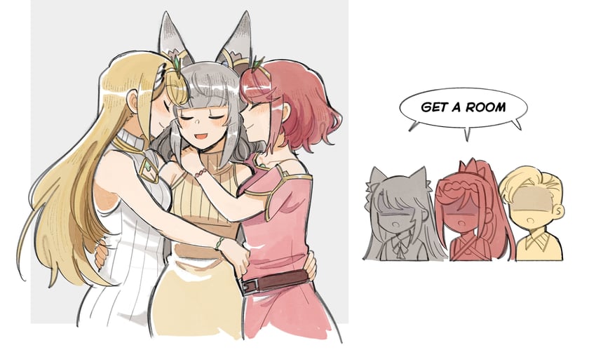 pyra, mythra, nia, mio, and glimmer (xenoblade chronicles and 3 more) drawn by ange_(angeban93)
