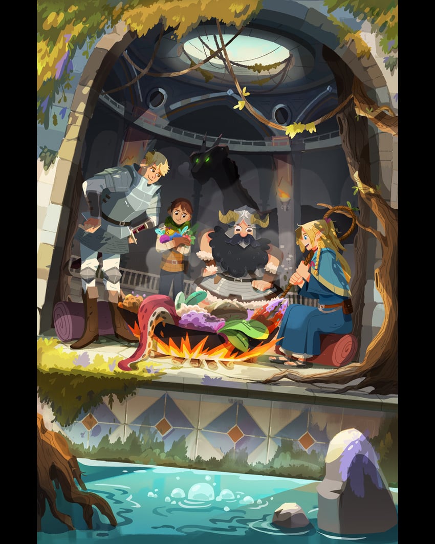 marcille donato, laios touden, senshi, and chilchuck tims (dungeon meshi) drawn by suzcorriander