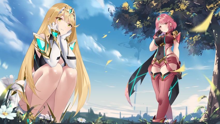 pyra and mythra (xenoblade chronicles and 1 more) drawn by evan_(pixiv7510743)