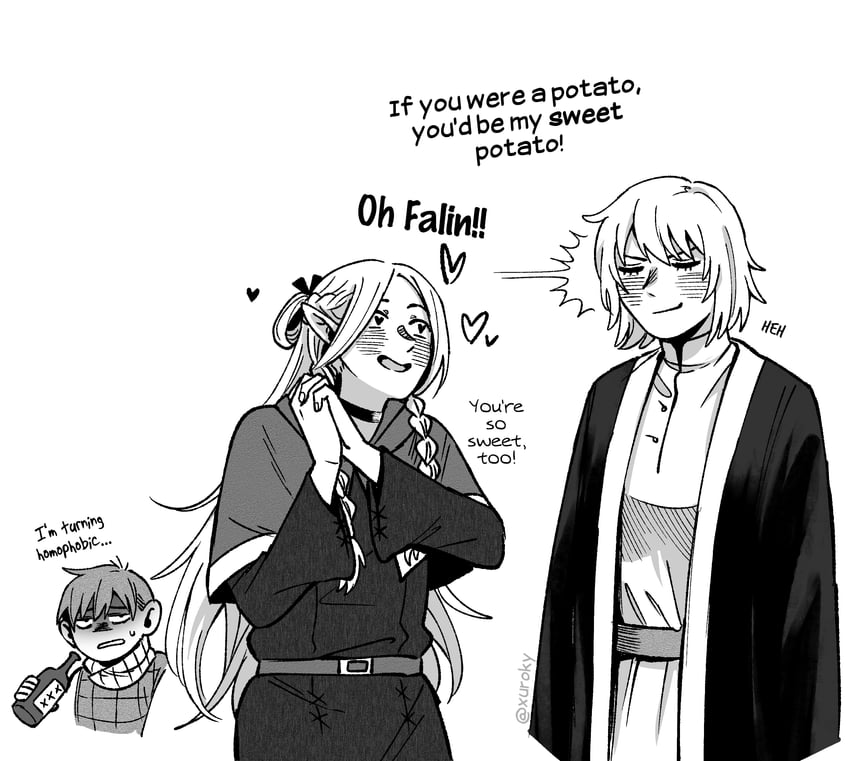 marcille donato, falin touden, and chilchuck tims (dungeon meshi) drawn by kkxuroky
