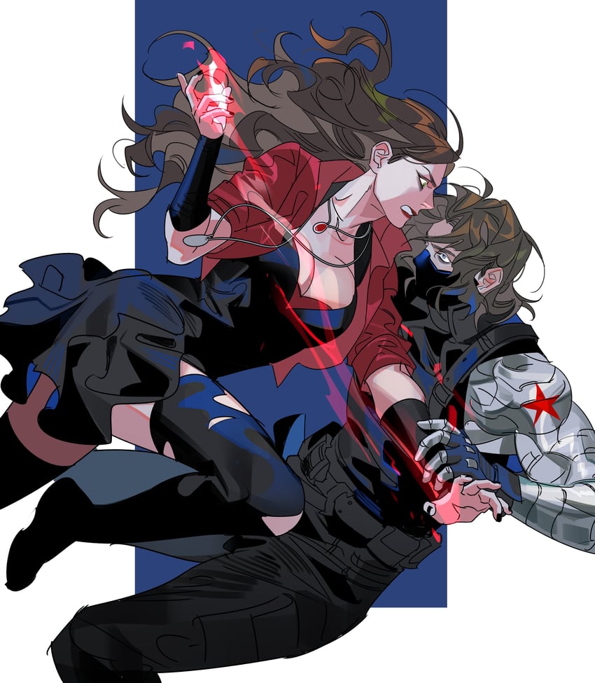 bucky barnes, winter soldier, and wanda maximoff (marvel and 3 more) drawn by karmaho
