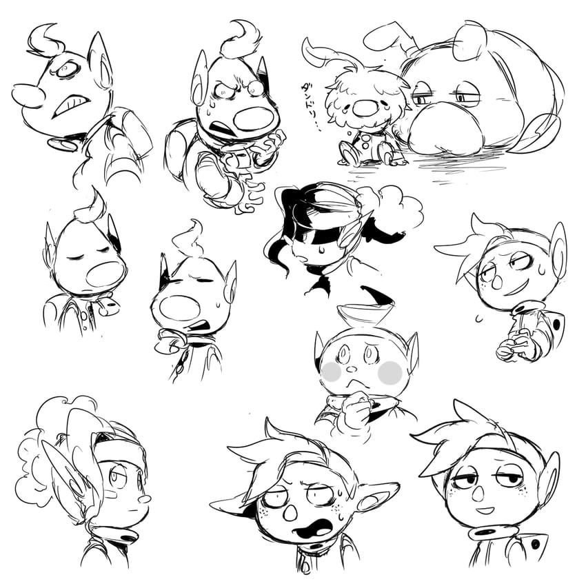 louie, shepherd, collin, moss, red leafling, and 1 more (pikmin and 1 more) drawn by shirushiki