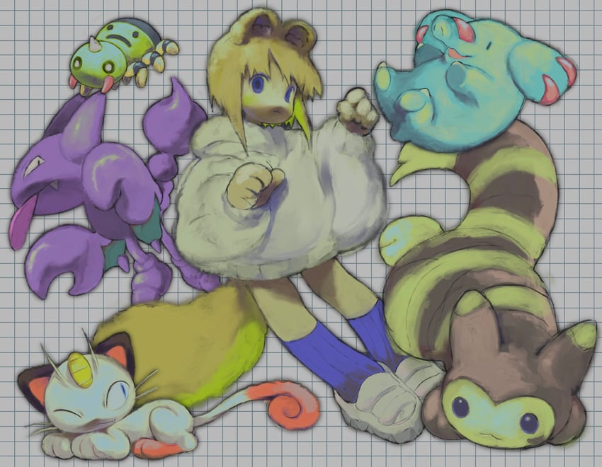 meowth, furret, phanpy, spinarak, and gligar (original and 1 more) drawn by kagaya_(oshiriudon)