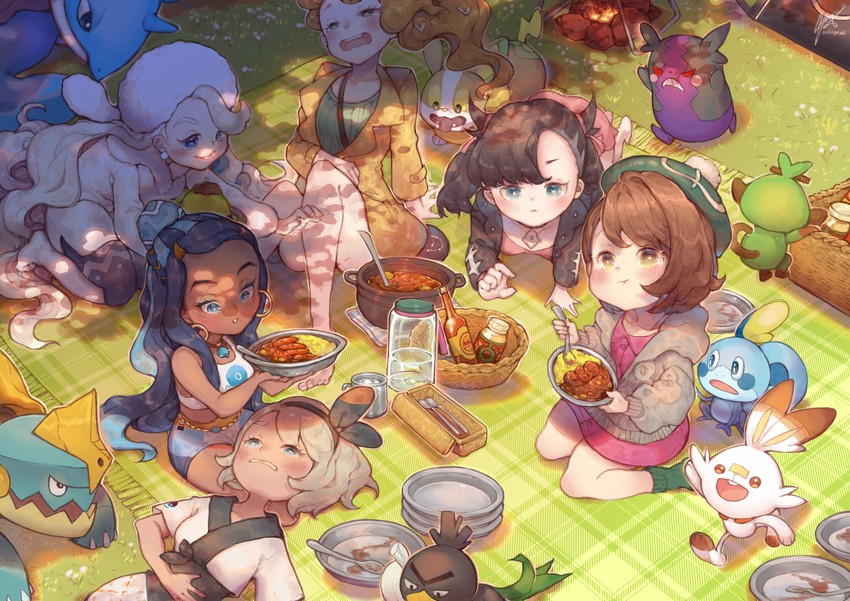 marnie, gloria, nessa, bea, sonia, and 9 more (pokemon and 1 more) drawn by sonnyaws