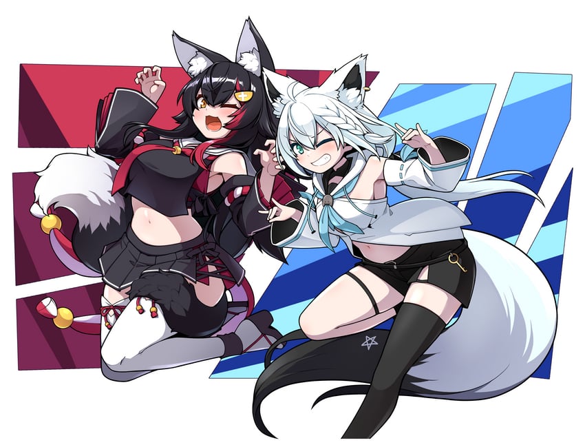 shirakami fubuki and ookami mio (hololive) drawn by jb_jagbung