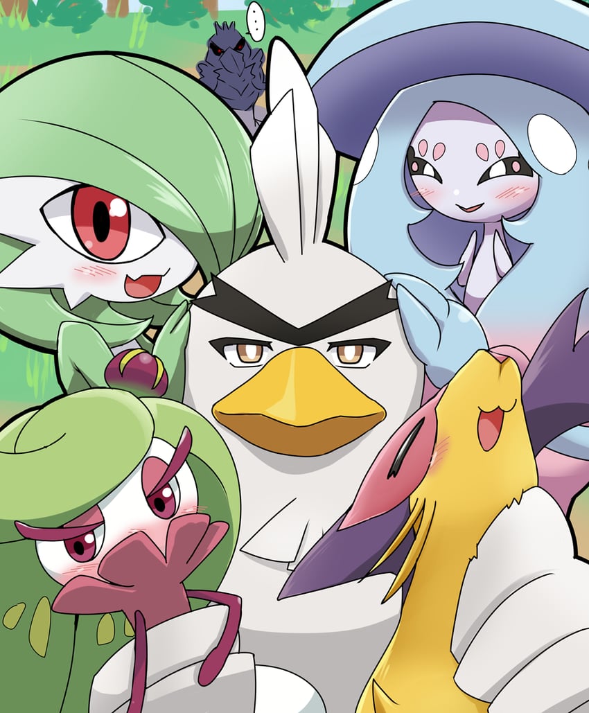 gardevoir, hatterene, sirfetch'd, tsareena, corviknight, and 1 more (pokemon) drawn by neichii