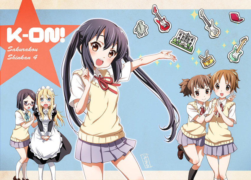 nakano azusa, hirasawa ui, suzuki jun, saitou sumire, and okuda nao (k-on! and 1 more) drawn by minimaru