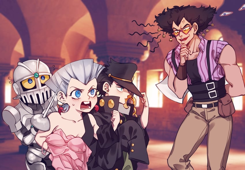 kujo jotaro, jean pierre polnareff, and alessi (jojo no kimyou na bouken and 1 more) drawn by sempon_(doppio_note)