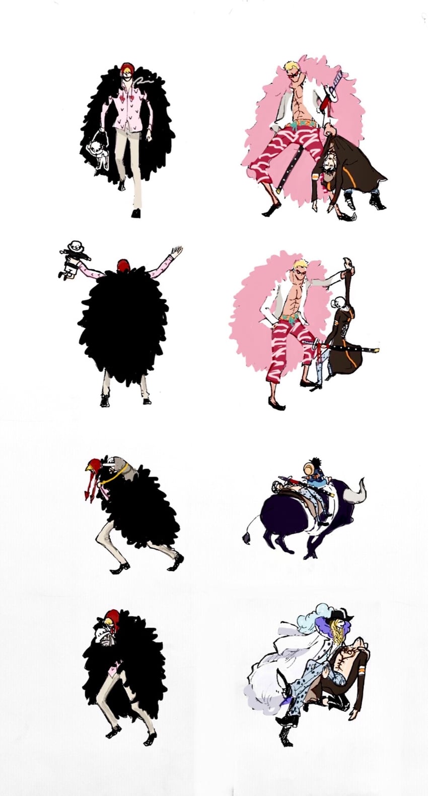 monkey d. luffy, trafalgar law, donquixote doflamingo, donquixote rocinante, and cavendish (one piece) drawn by rai_00_k2