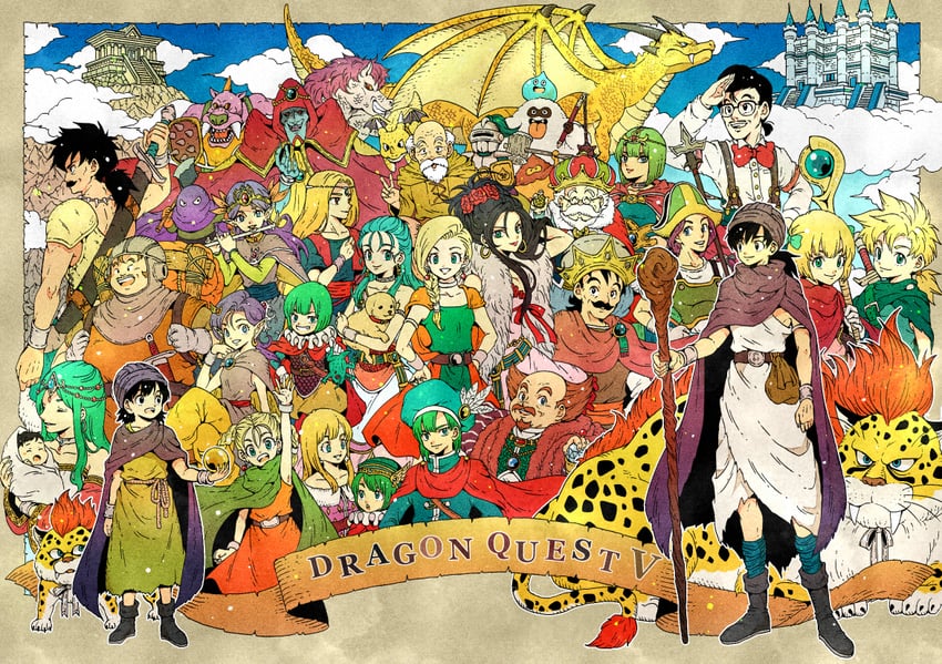 slime, bianca, hero, hero's daughter, flora, and 15 more (dragon quest and 1 more) drawn by toriga