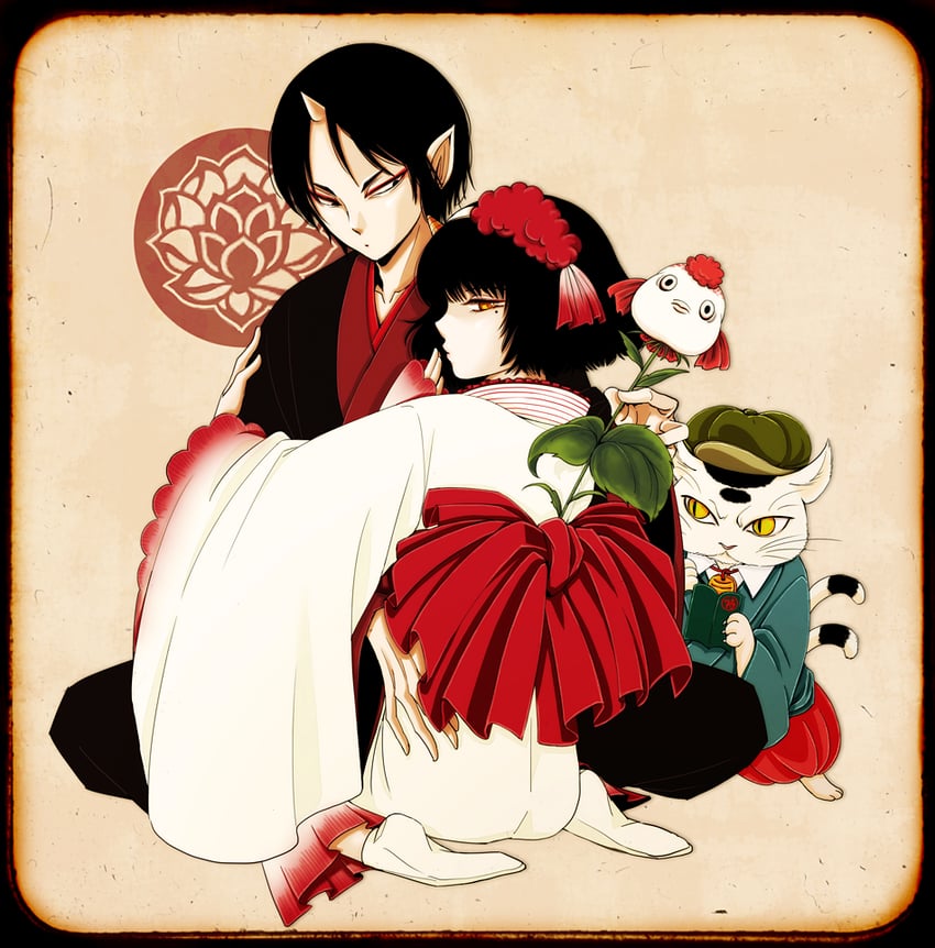 hoozuki, peach maki, kingyosou, and koban (hoozuki no reitetsu) drawn by okumura