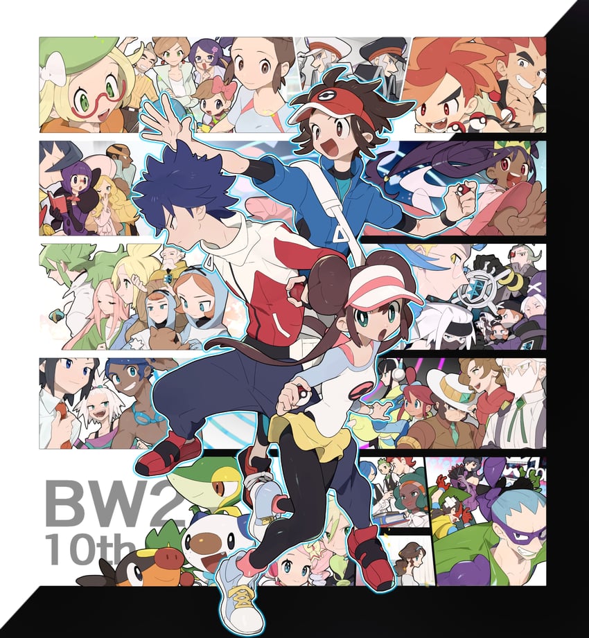 rosa, n, skyla, elesa, oshawott, and 39 more (pokemon and 1 more) drawn by mimura_(nnnnnnnnmoo)