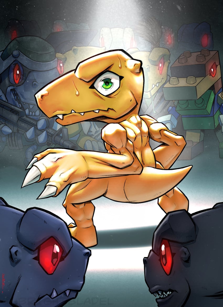 agumon, agumon hakase, commandramon, toyagumon, yukiagumon, and 1 more (digimon) drawn by lbrightbladel