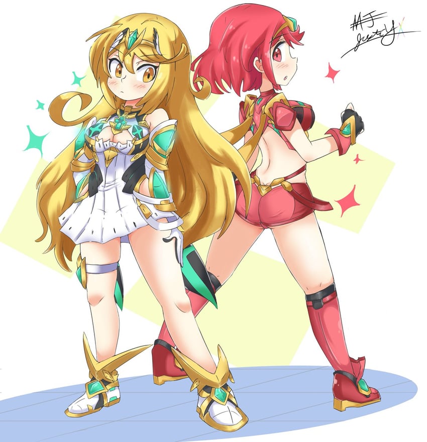 pyra and mythra (xenoblade chronicles and 1 more) drawn by yamagiwajustin