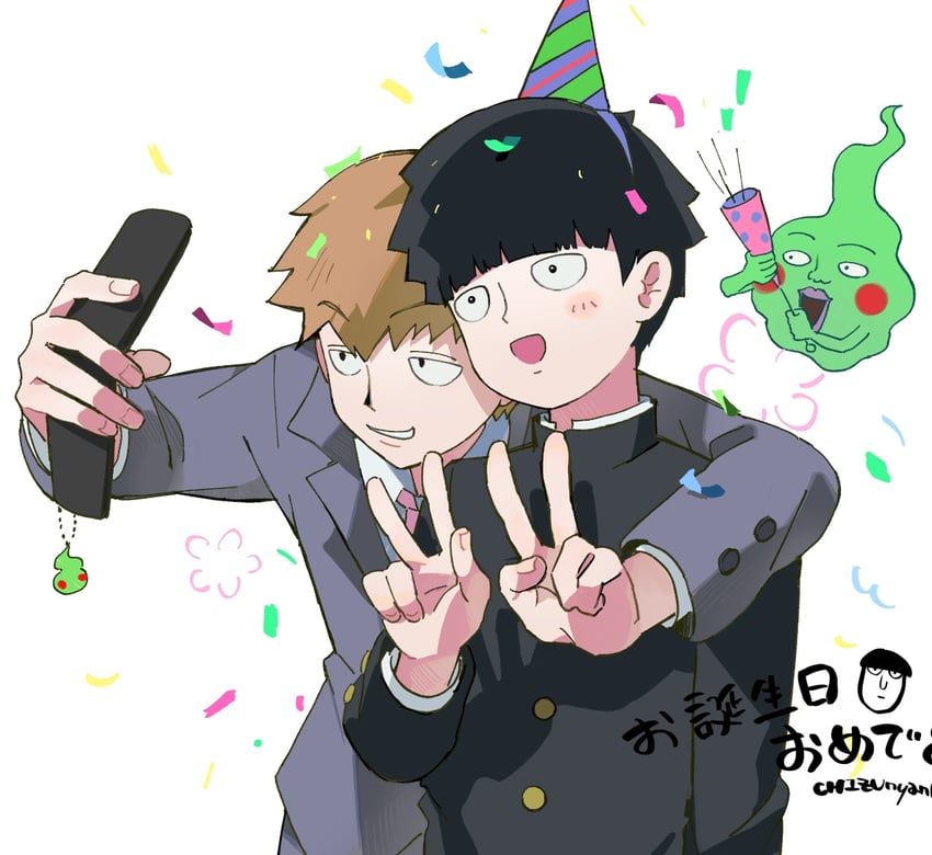 kageyama shigeo, reigen arataka, and ekubo (mob psycho 100) drawn by chizunyanko