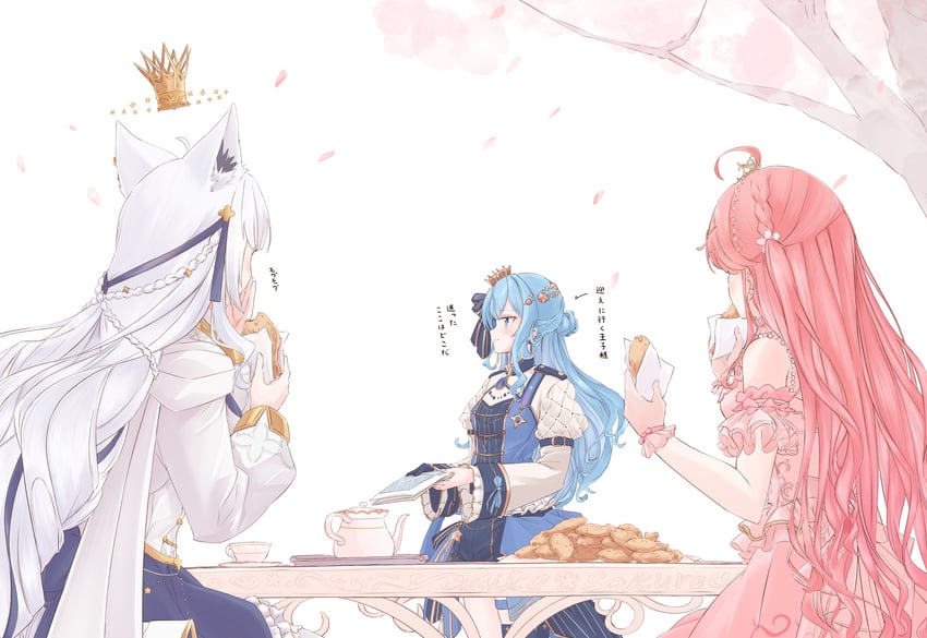 shirakami fubuki, hoshimachi suisei, and sakura miko (hololive) drawn by chamomile_(kazumasa)