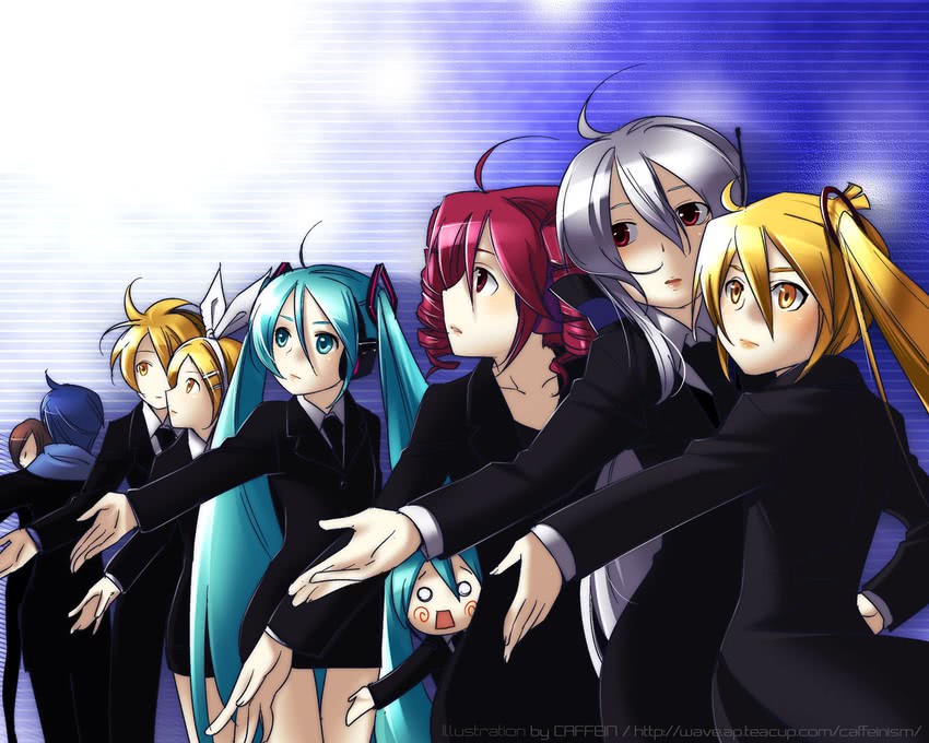 hatsune miku, kagamine rin, kagamine len, kasane teto, kaito, and 4 more (vocaloid and 1 more) drawn by caffein