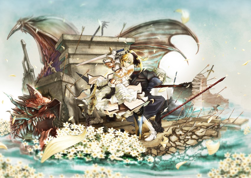 artoria pendragon, saber alter, saber lily, and mana transfer dragon (fate and 1 more) drawn by zyaneio