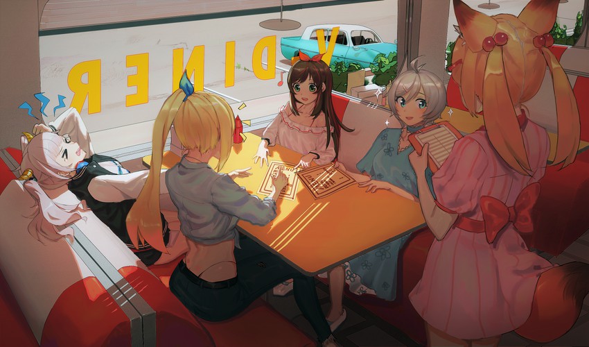 kizuna ai, kaguya luna, dennou shoujo siro, mirai akari, and mikoko (.live and 4 more) drawn by stickypotato