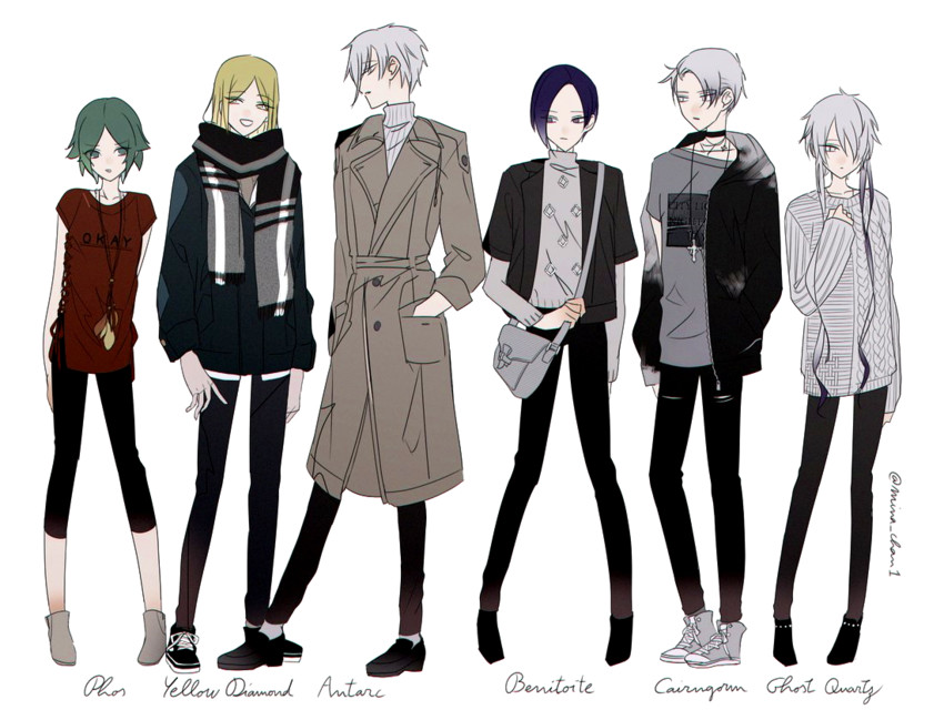 phosphophyllite, antarcticite, cairngorm, yellow diamond, ghost quartz, and 1 more (houseki no kuni) drawn by mina_hiragi