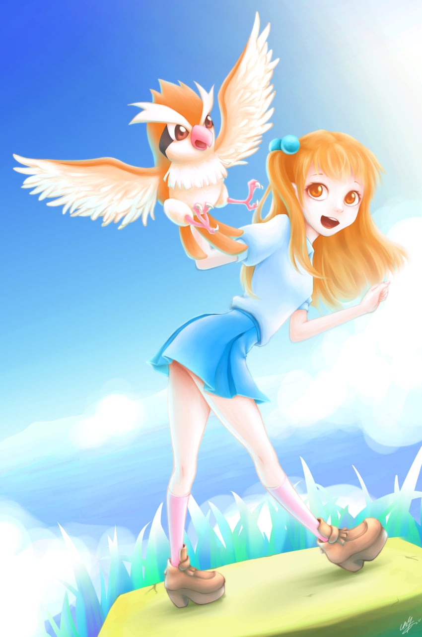 pidgey and lass (pokemon and 1 more) drawn by luneko