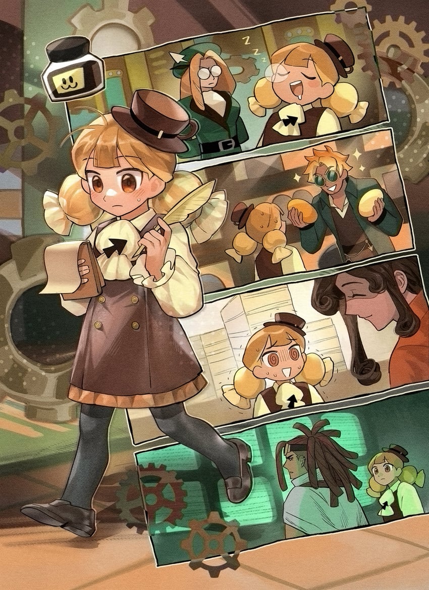 string gummy cookie, coffee candy cookie, baguette cookie, welling inkwell, dark fondue cookie, and 1 more (cookie run and 1 more) drawn by hjoe8
