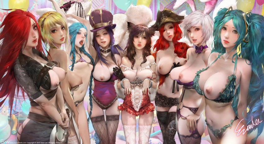 ahri, jinx, sona, caitlyn, katarina, and 2 more (league of legends) drawn by evan_lee