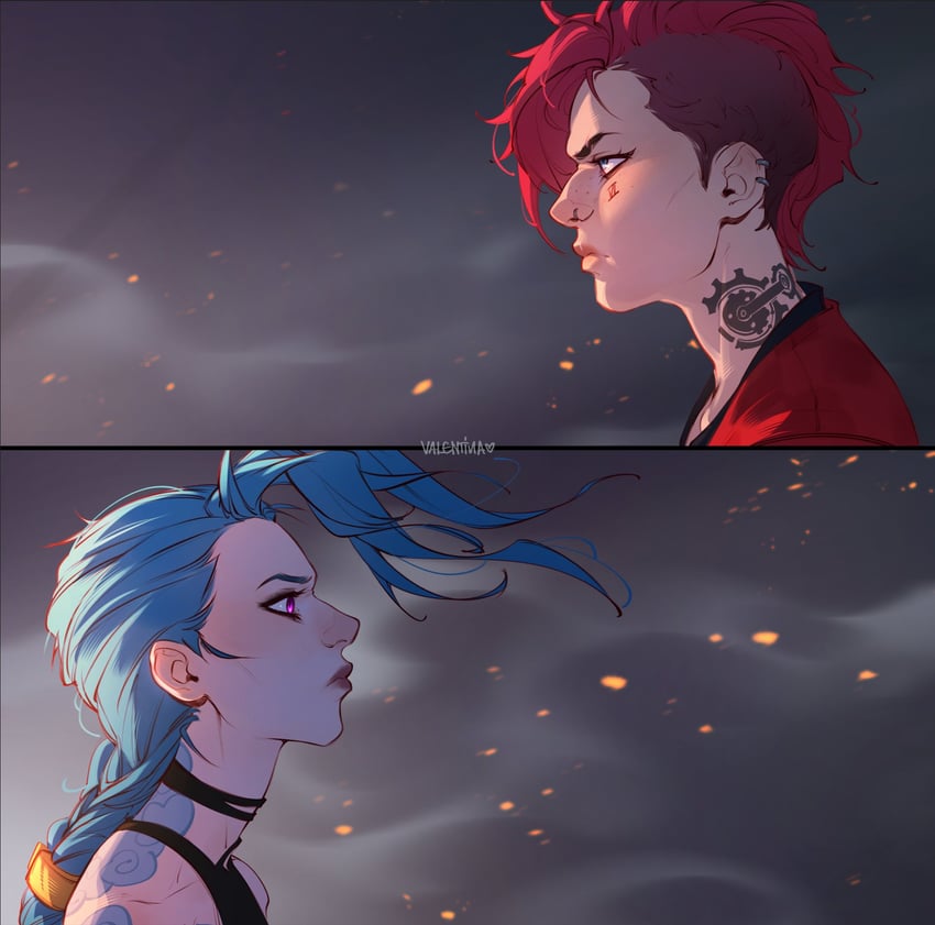 jinx, vi, arcane jinx, and arcane vi (league of legends and 1 more) drawn by valentina_tavolilla