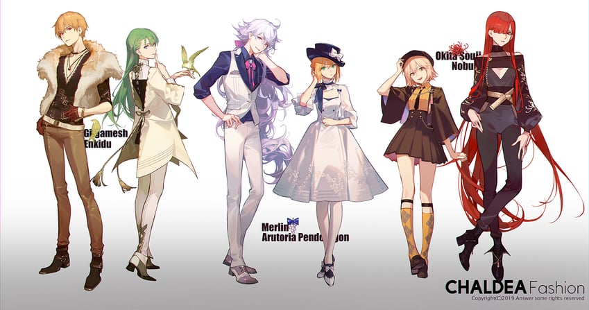 artoria pendragon, saber, okita souji, oda nobunaga, enkidu, and 2 more (fate and 3 more) drawn by ask_(askzy)