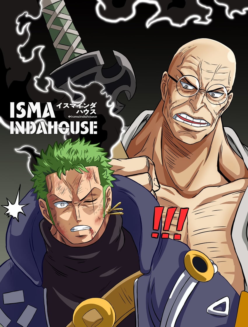roronoa zoro and ethan-baron v. nusjuro (one piece) drawn by ismaindahouse